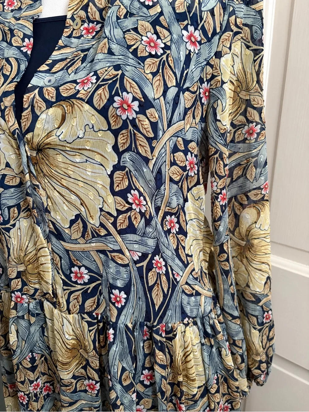 H&M / Morris & Co., Floral Tiered Long Sleeve Maxi Dress in Navy and Gold - Picture 3 of 6